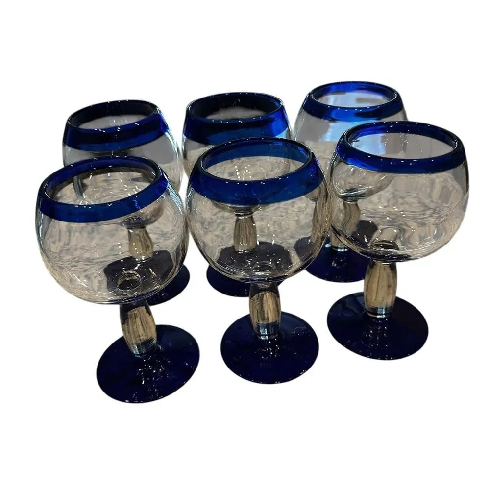 Mexican Handcrafted Cobalt Blue Rim Wine Glass Set of 6